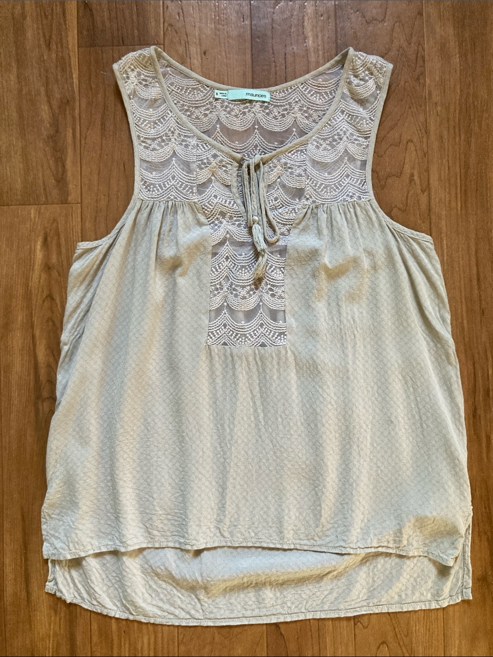 Maurices Taupe Lace Yoke Tie-Front Sleeveless Tank